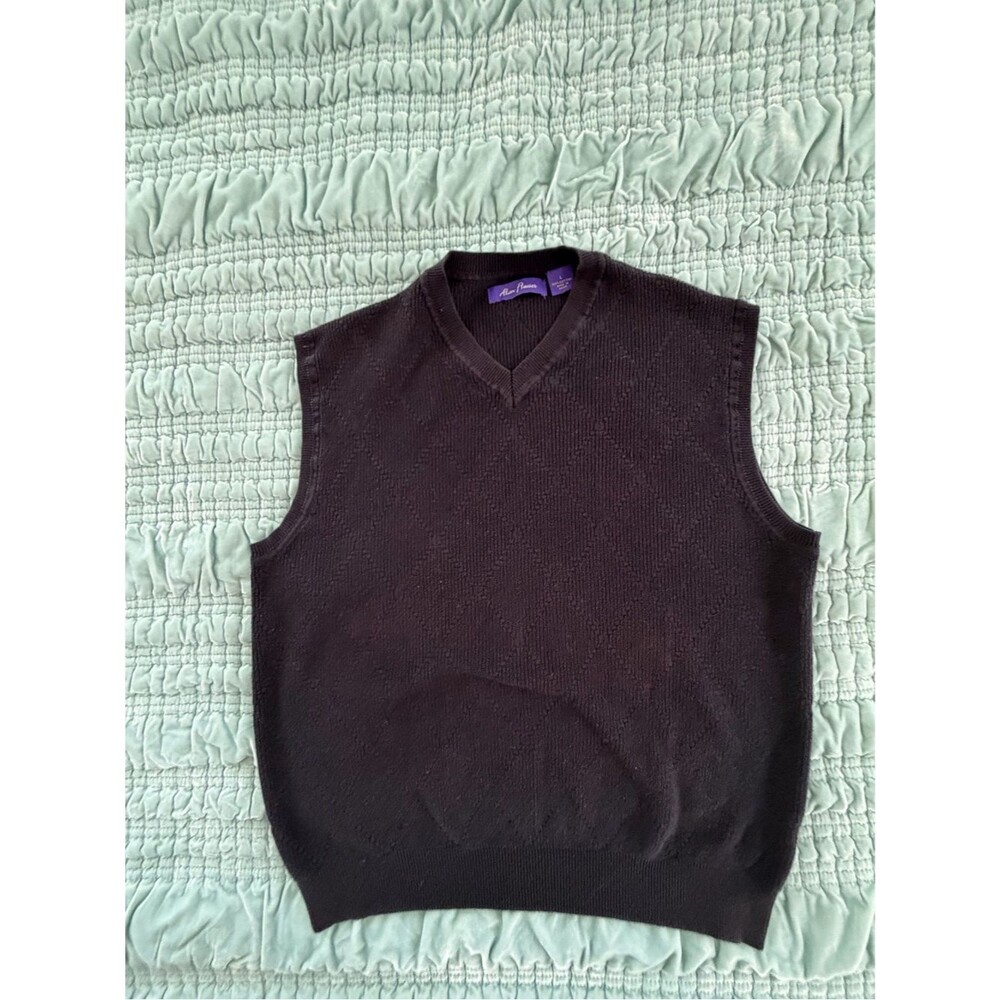Alan Flusser Classic Black V-Neck Men's Sweater Vest, 100%Cotton-Large